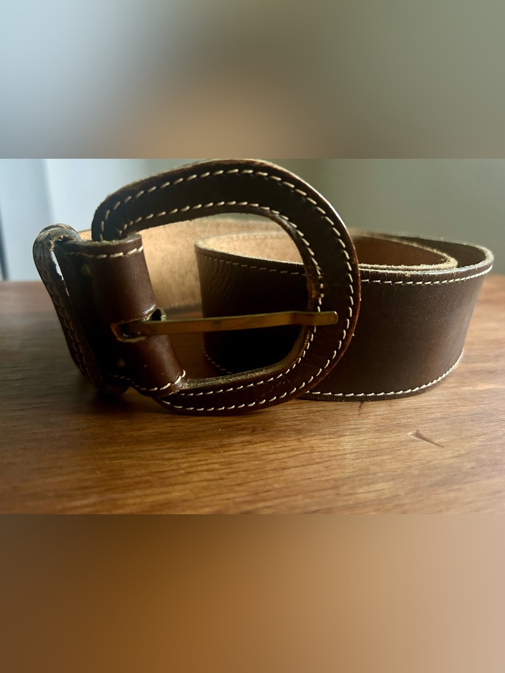Vintage Brown Leather Belt Made in USA Wide Contrast Stitch Statement Belt